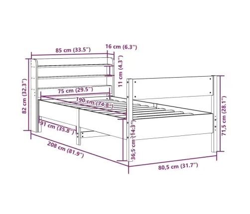 Gulta Bez Matrača, 75X190 Cm, Priedes Masīvkoks Vidaxl