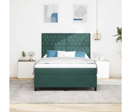 Box Spring Gulta Ar Matraci Tumši Zaļa 140X190 Cm Samts Vidaxl