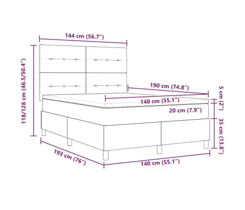 Kastītes Atsperu Gulta Ar Matraci Melna 140 X 190 Cm Audums Vidaxl