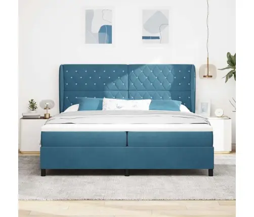 Boksa Gulta Ar Matraci Tumši Zilā Krāsā 200 X 200 Cm, Samts Vidaxl