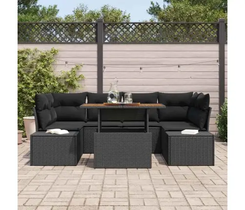 7 Daļu Dārza Ēdamistabas Komplekts Ar Spilveniem Melnā Poli Rattanā Un Akācijā Vidaxl