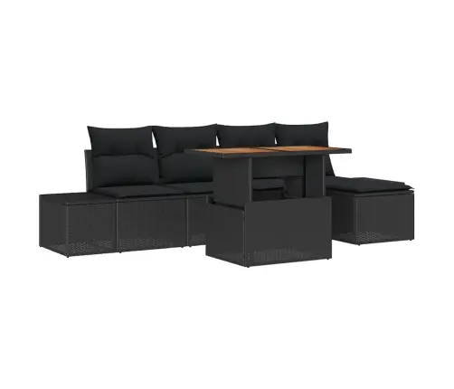 6 Gabalu Dārza Ēdamgalds Ar Spilveniem, Melns Polyratans Un Akācija Vidaxl