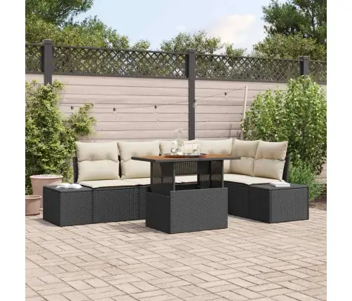 6 Daļīgs Dārza Ēdamgalds Ar Spilveniem, Melns Polyratans Un Akācija Vidaxl