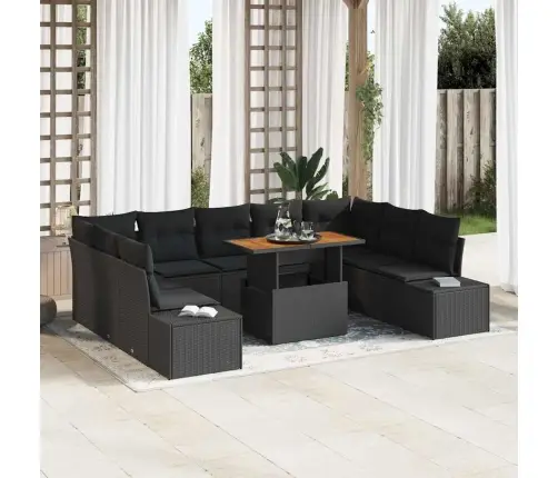 10 Daļu Dārza Galdiņš Ar Spilveniem Melnā Polirattanā Un Akācijā Vidaxl