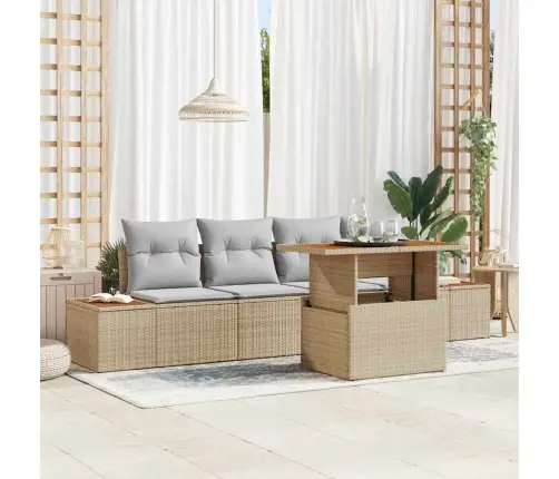 5 Daļu Dārza Galdu Komplekts Ar Spilveniem, Bēšā Krāsā, Poli Rotangpalmas Un Akācija Vidaxl 5 Daļu Dārza Galdu Komplekts Ar Spilveniem, Bēšā Krāsā, Poli Rotangpalmas Un Akācija Vidaxl