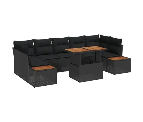 8 Daļu Dārza Ēdamgaldu Komplekts Ar Spilveniem, Melns Polyratāns, Akācija Vidaxl