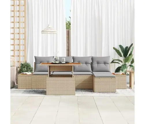 6 Gab. Dārza Galds Ar Spilveniem Bēšā Poliratonā Un Akācijas Kokā Vidaxl