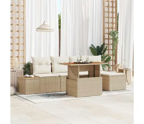 6 Gabalu Dārza Galds Ar Spilveniem - Bēšs Polirattanā, Akācijas Vidaxl