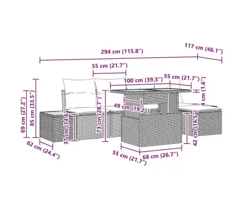 6 Gabalu Dārza Galds Ar Spilveniem - Bēšs Polirattanā, Akācijas Vidaxl