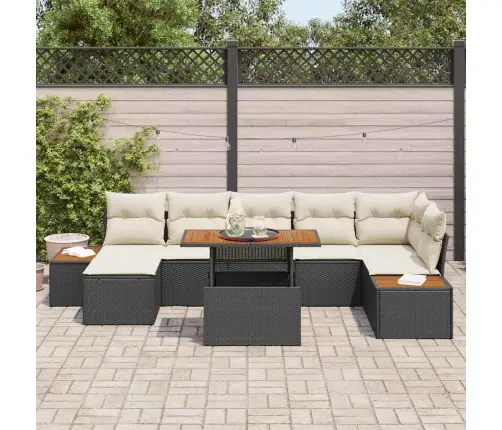 8 Daļu Dārza Galds Ar Spilveniem Melnā Poliestera Ratānā Un Akācijas Koka Vidaxl