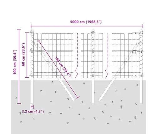 Eiro Žogs Ar 13 Stabiem 0.6X50 M Cinkota Tērauda Pelēks Vidaxl
