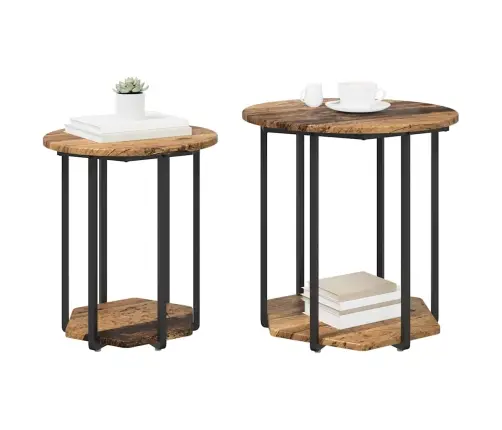 Sānu Galdiņu Komplekts Ar Plauktu 2 Pcs Vecs Koks Un Melns Vidaxl