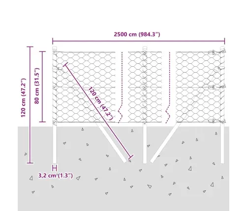 Sešstūra Žogs Pelēks 0.8X25 M Tērauds Vidaxl