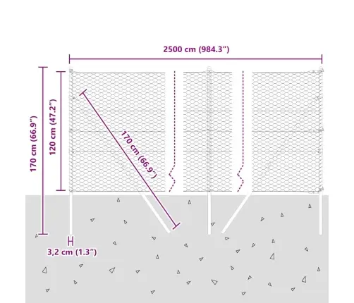 Sešstūra Stieples Žogs Ar 7 Balstiem 1.2X25 M Tērauda Pelēks Vidaxl
