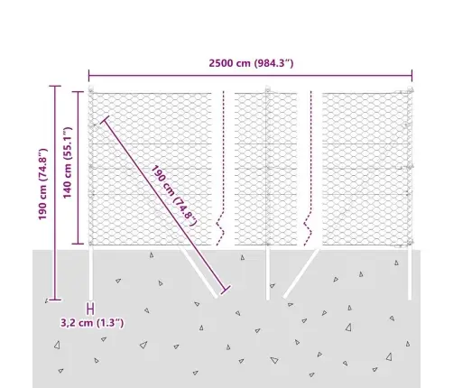 Sešstūra Žogs Pelēks 1.4X25 M Tērauds Vidaxl