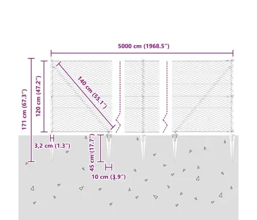 Sešstūra Žogs Pelēks 1.2X50 M No Tērauda Vidaxl