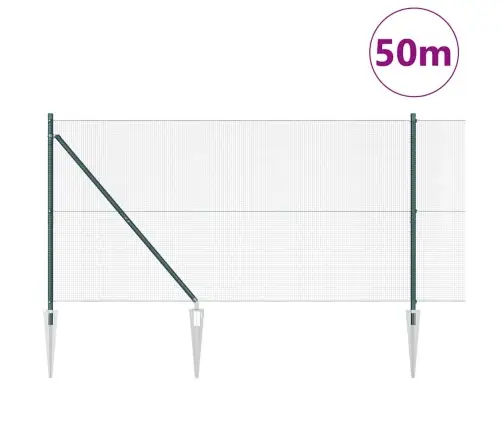 Metinātā Stieple Žogs Ar 13 Spiciem Stabiem Zaļš 1.4X50 M Tērauds Vidaxl