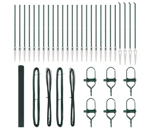Vidaxl Metinātās Stieples Žogs Ar 13 Strūklakņu Stabiem Zaļš 1.5X50 M Tērauds