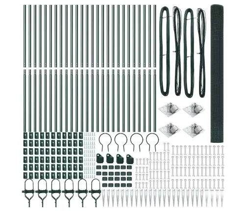 Vidaxl Metinātās Stieples Žogs Ar 13 Strūklakņu Stabiem Zaļš 1.5X50 M Tērauds