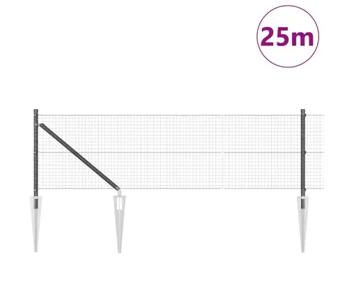 Savilktā Stieņu Žogs Ar 13 Stabiem Pelēks 0.8X25 M Tērauds Vidaxl