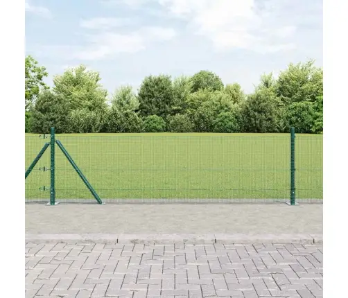 Metinātais Stieņu Žogs Ar 7 Plakanajiem Stabiem Zaļš 0.4X10 M Tērauds Vidaxl