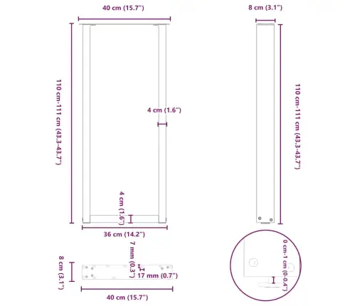 Bāra Galda Kājas, U-Veida, 2 Gab., Baltas, 40X(110-111) Cm, Tērauds Vidaxl