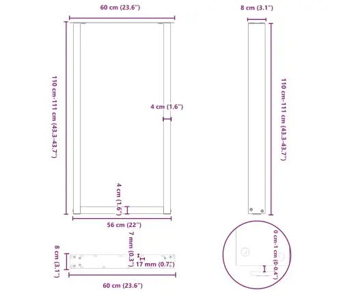 Baarilaua Jalad U-Kujulised, 2 Tk, Valged, 60 X (110-111) cm Teras