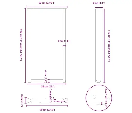 Baarilaua Jalad U-Kujulised 2 Tk, Naturaalne Teras, 60 X (110-111) cm Teras