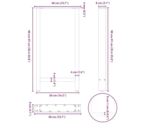 Bāra Galda Kājas, 2 Gab., Melnas, 40X(90-91) Cm, Tērauds Vidaxl