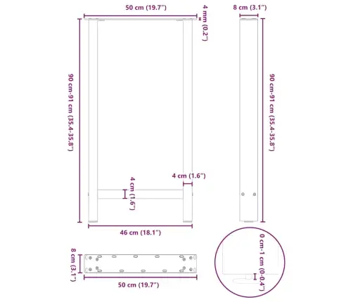 Bāra Galda Kājas, 2 Gab., 50X(90-91) Cm, Dabīgs Tērauds Vidaxl
