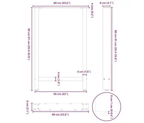 Bāra Galda Kājas, 2 Gab., 60X(90-91) Cm, Dabīgs Tērauds Vidaxl