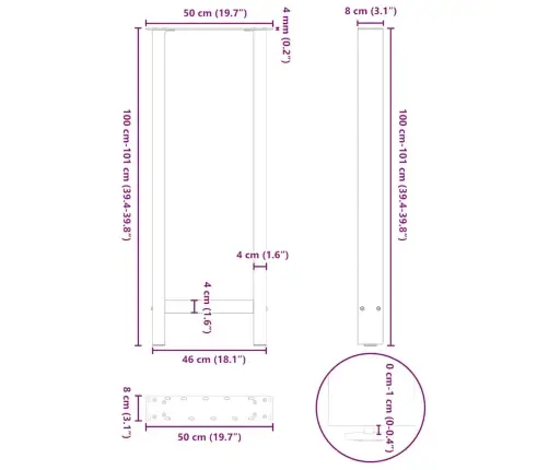 Bāra Galda Kājas, 2 Gab., Baltas, 50X(100-101) Cm, Tērauds Vidaxl