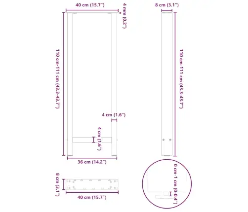 Bāra Galda Kājas, 2 Gab., 40X(110-111) Cm, Dabīgs Tērauds Vidaxl