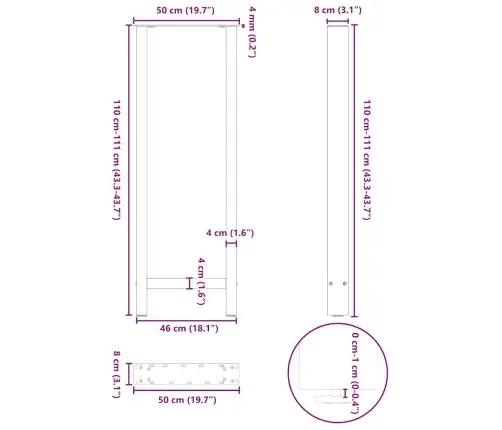 Baro Stalo Kojos, 2 Vnt., 50X(110-111) cm Natūralus Plienas