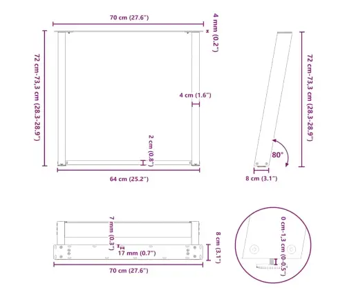 Valgomojo Stalo Kojos, U Formos, 2 Vnt., Antracito Spalvos, 70X(72-73) cm Plienas