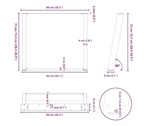 Ēdamgalda Kājas, 2 Gab., U-Veida, Baltas, 90X(72-73) Cm, Tērauds Vidaxl