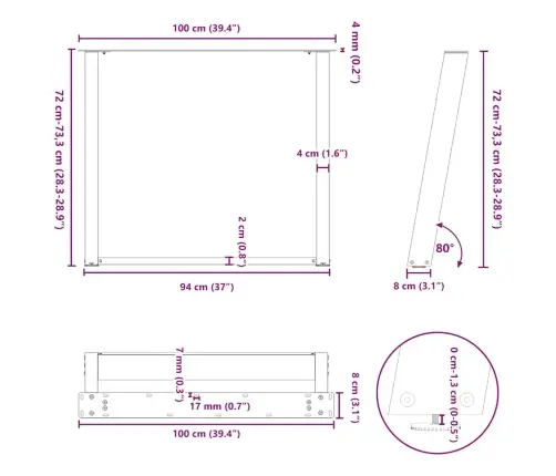 Ēdamgalda Kājas, 2 Gab., U-Veida, Baltas, 100X(72-73) Cm, Tērauds Vidaxl