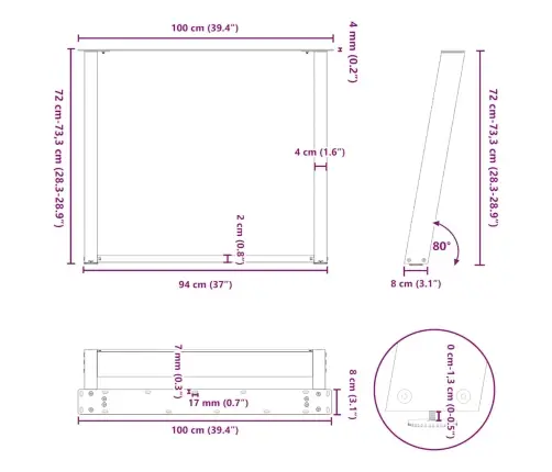 Valgomojo Stalo Kojos, U Formos, 2 Vnt., Antracito Spalvos, 100X(72-73) cm Plienas