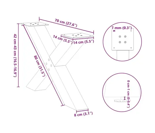 Kafijas Galdiņa Kājas, 2 Gab., X-Veida, Dabīgs Tērauds, 70X(42-43) Cm Vidaxl