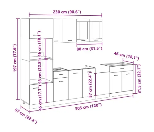 Virtuvės Spintelių Komplektas, Lyon, 7 Dalių, Ąžuolo, Mediena