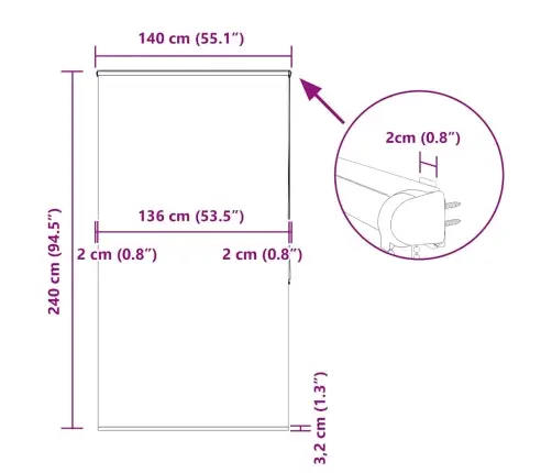 Rullo Žalūzija Dušai Kaseti, 140X240 Cm, Auduma Platums 136 Cm Vidaxl