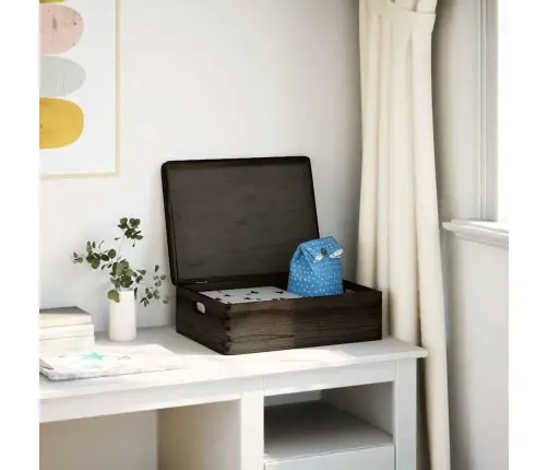 Puidust Kast Kaanega Ja Käepidemetega Must Täispuit Männipuit