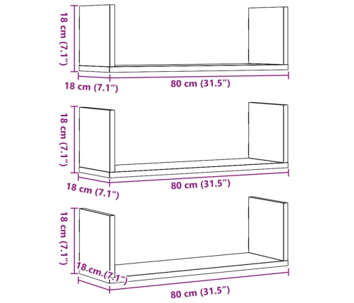 Seinariiulid 3 Tk, Betoonhall, 80X18X18 cm Tehispuit