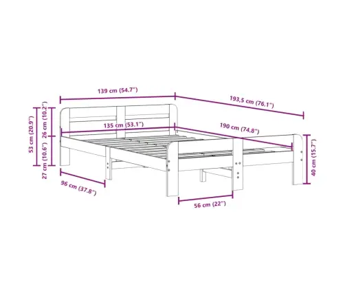 Gulta Bez Matrača, 135X190 Cm, Priedes Masīvkoks Vidaxl