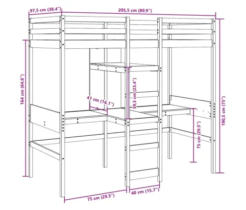 Aukšta Lova Su Stalu Ir Lentynomis, Balta, 90X200cm Pušis