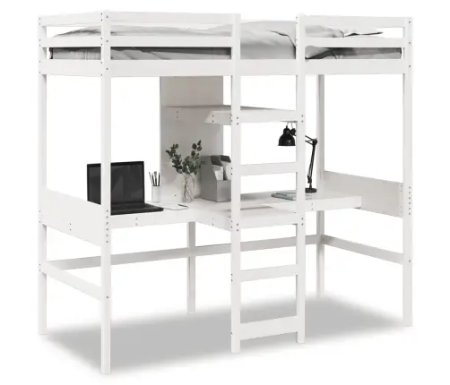 Aukšta Lova Su Stalu Ir Lentynomis, Balta, 90X200cm Pušis