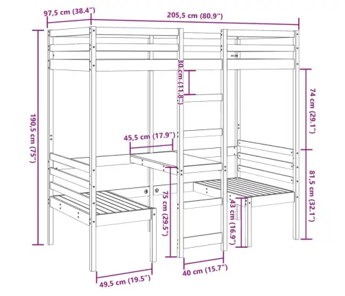 Augstās Gultas Rāmis, Galds, Krēsli, 90X200 Cm, Priedes Koks Vidaxl