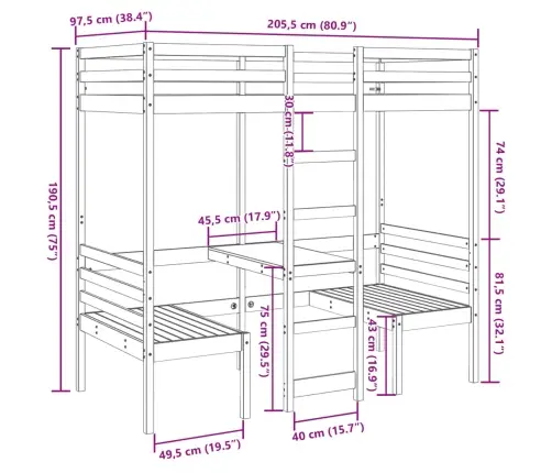 Augstās Gultas Rāmis, Galds, Krēsli, 90X200 Cm, Priedes Koks Vidaxl