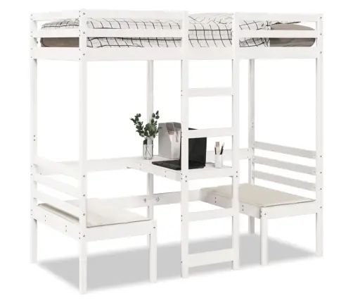 Kõrge Voodi Koos Kirjutuslaua Ja Toolidega, 90X190 Cm Männipuit