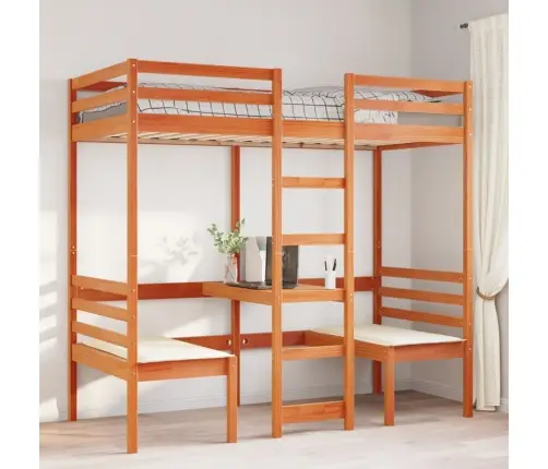 Kõrge Voodi Koos Kirjutuslaua Ja Toolidega, 90X190 Cm Männipuit